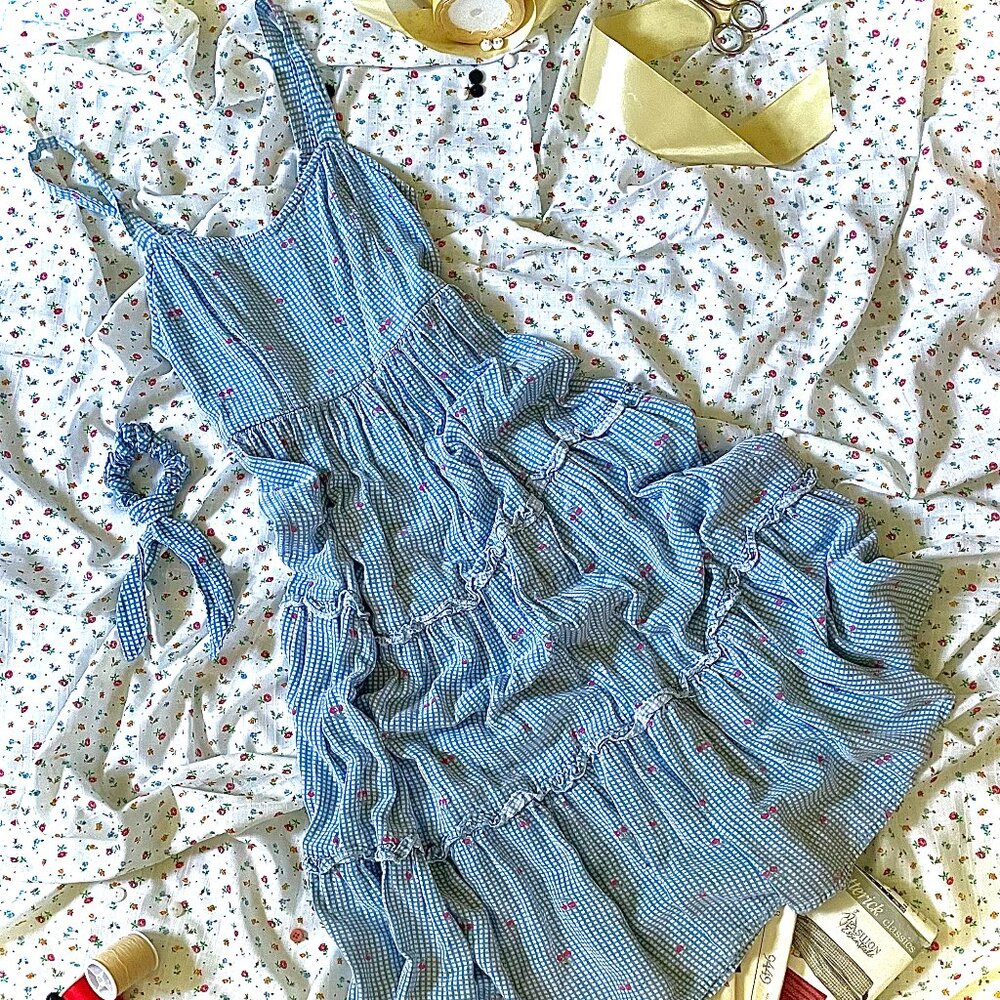 Charming Blue Cherry Gingham Tiered Midi Dress with Matching Scrunchie